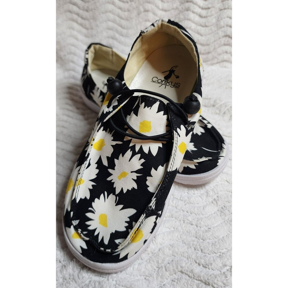 New CORKY'S Yellow/Black Sunflower Print KAYAK Shoes Canvas NwoT Sz 6 +Socks